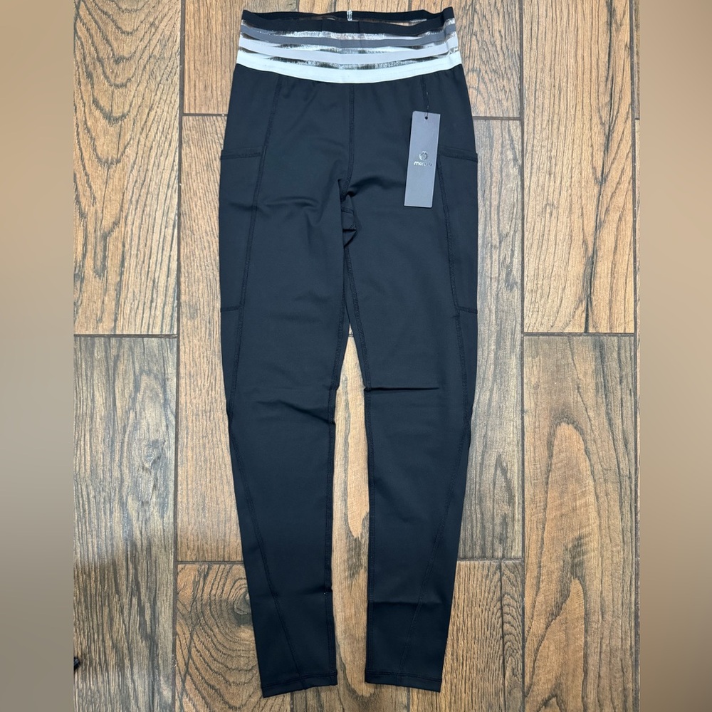 Mono B Black Leggings with Silver and White Mesh Stripes